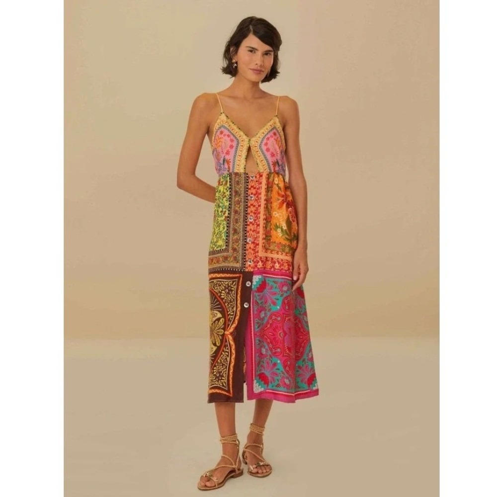 NWT Farm Rio Mixed Scarves Multicolor Midi Dress L Patchwork Boho Tropical Chic